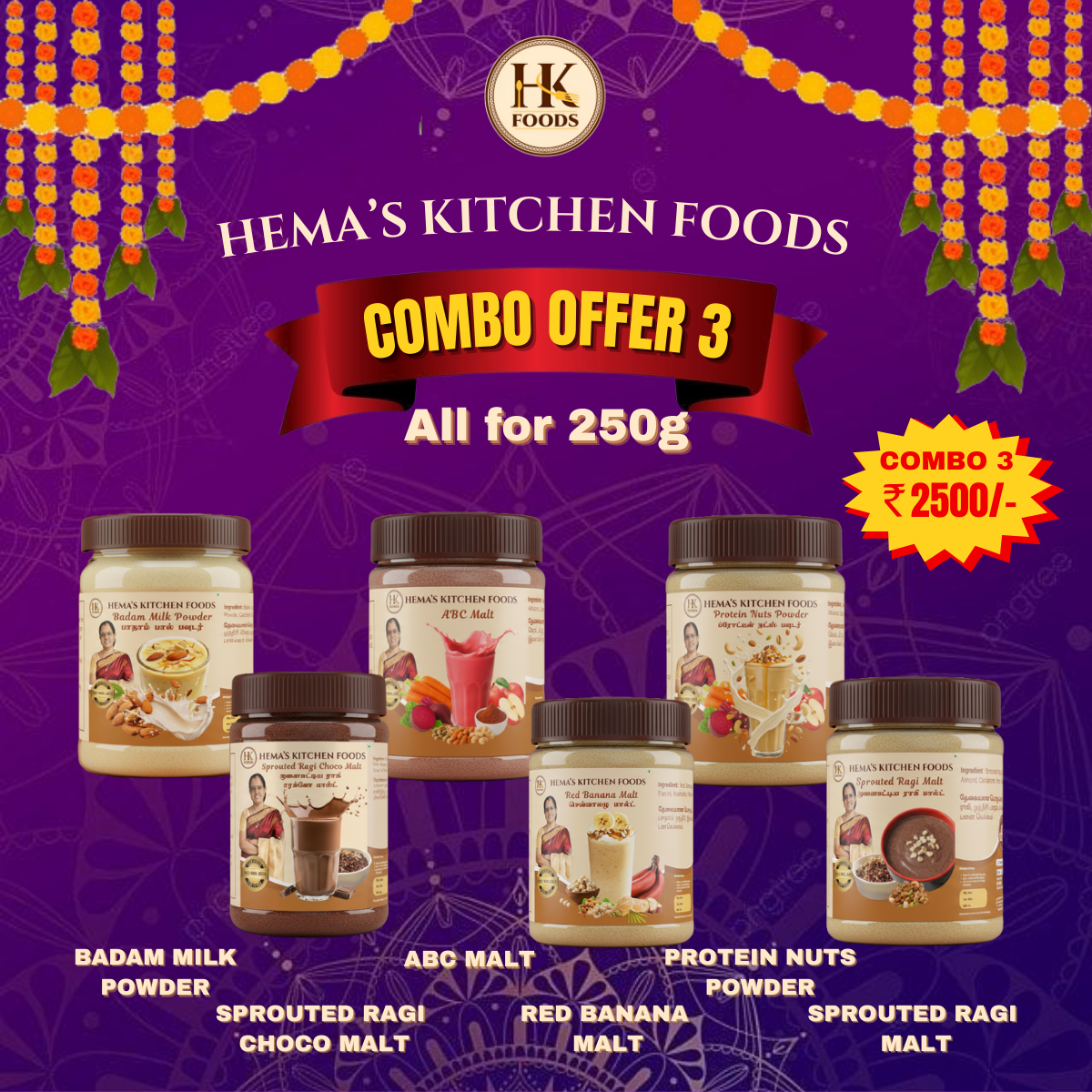 Health Mix Combo - 3 (1. Ragi Choco, 2. Red Banana 3. Protein Nuts Powder 4. ABC Malt, 5. Badam Milk Powder 6. Ragi Mali)