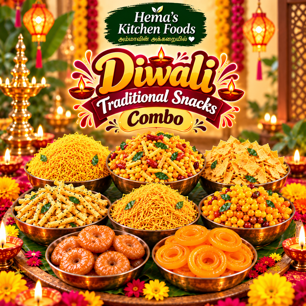 Diwali Traditional Snacks (1.Oma Podi, 2.Mixture, 3. Butter Muruku, 4. Milagu Sevu, 5. Seval, 6. Kara Boonthi, 7. Mini Badhusha, 8. Mini Jangery)