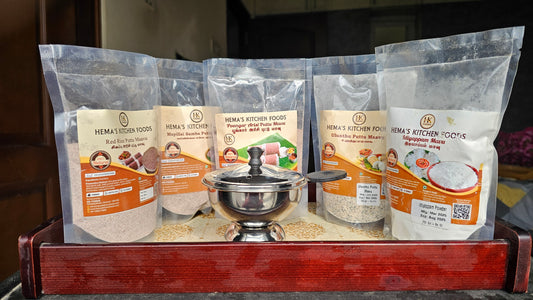 Puttu Combo (1.Mapillai Samba, 2.Ulunthu, 3.Poongar, 4.Idiyappa Mavu, 5.Red Rice 6. Puttu Maker)