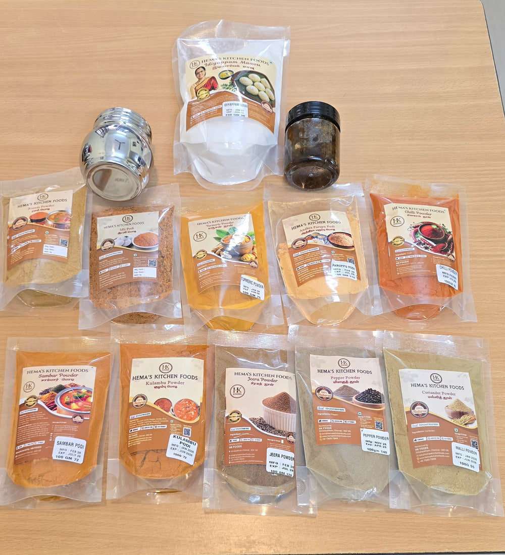 Maligai Combo (Sambar Podi, Kulambu Podi, Rasam Podi, Red Chilli, Malli Podi, Jeera Podi, Turmeric Powder, Pepper Powder, Idiyappa Mavu, Paruppu Podi, Idli Podi, Pulicha Keerai Thokku)