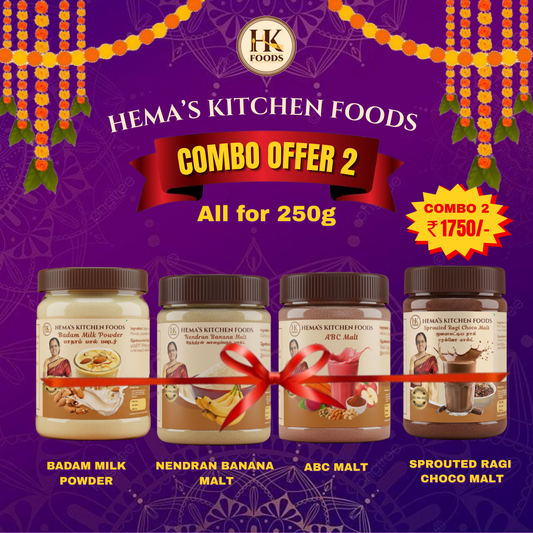Diwali Health Mix Combo - 2 (1. ABC Malt 250g, 2. Nendran Banana Malt 250g 3. Badam Milk Powder 250g 4. Ragi Choco Drink 250g)