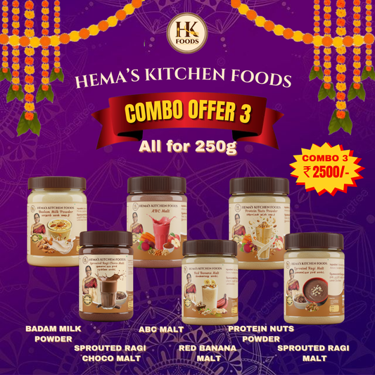 Diwali Health Mix Combo - 3 (1. Ragi Choco, 2. Red Banana 3. Protein Nuts Powder 4. ABC Malt, 5. Badam Milk Powder 6. Ragi Mali)