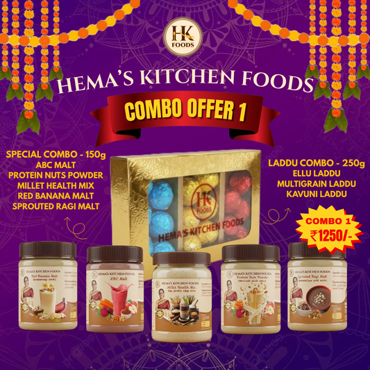 Diwali Health Mix Combo - 1 (1.ABC 150g, 2.Millet Health Mix 150g 3., Ragi Malt 150g, 4. Red Banana 150g 5. Protein Nuts Powder, 6. Assorted Laddu -250g)