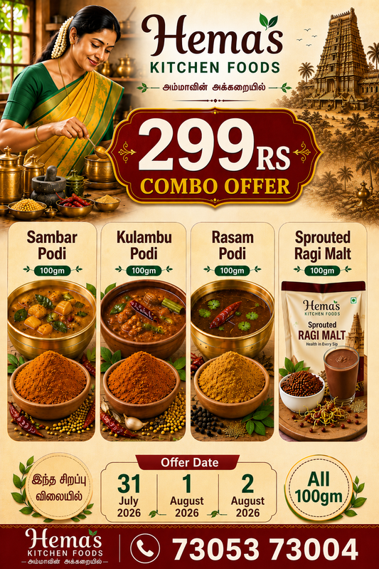 299 Combo (sambar podi, kulambu podi, Rasam podi, Sprouted Ragi Malt)