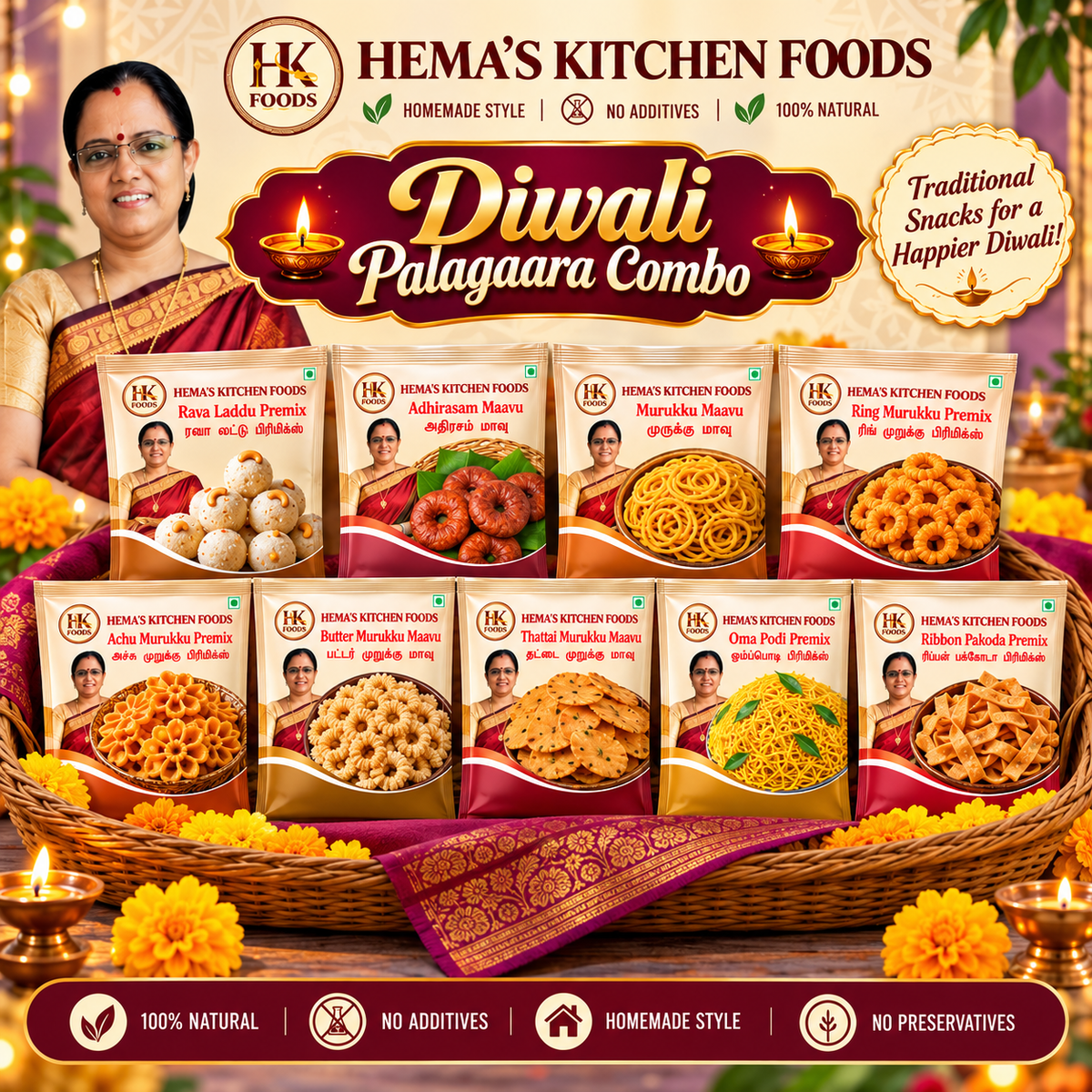 Diwali Palagara Premix Combo (1. Achu Muruku 2. Oma Podi 3. Butter Muruku 4. Ribbon Pakoda 5. Thattai 6. Adhirasam 7.Muruku Mavu, 8.Rava Laddu,9.Ring Muruku)